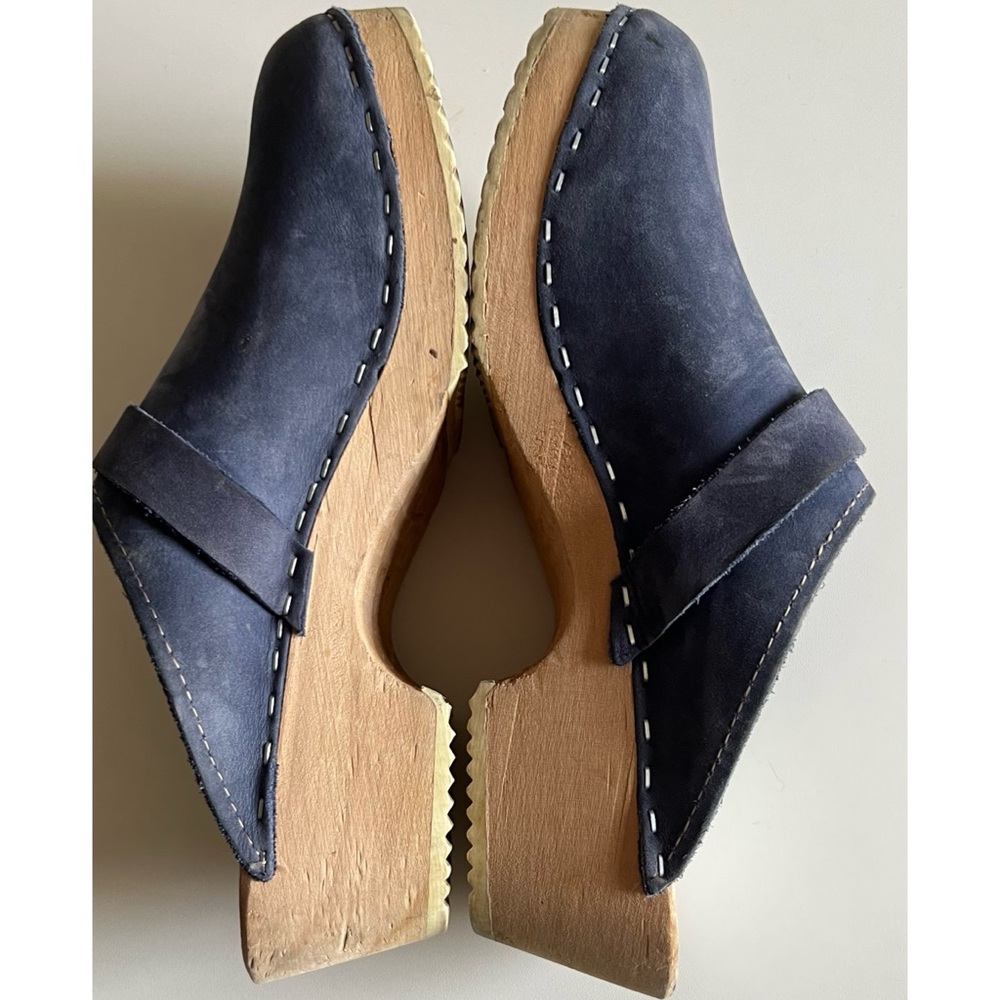 Vintage Blue Nubuck Slip On Wooden Clogs Mules 37 - Picture 5 of 13